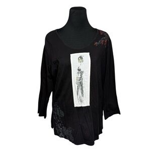 LA BLEND Tunic XL Asian Inspired Geisha Cotton Black Shirt Top Boho Romantic